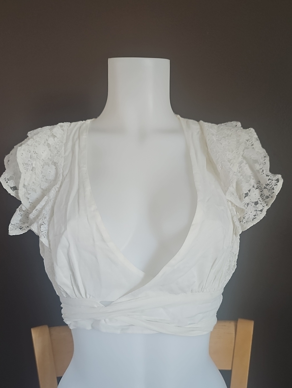White Lace Sleeve Wrap Crop Top - Women